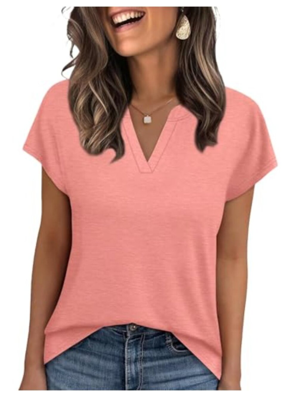 Women's V-Neck Short Sleeve T-Shirt Rayon Blend Knit Top Casual Dressy